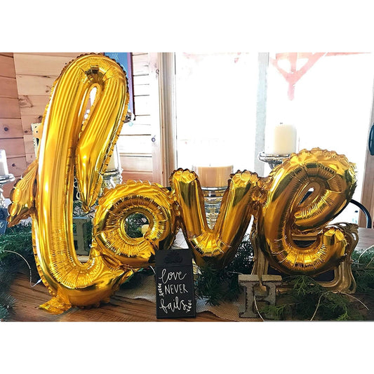 Balon din Folie Metalizata, Model Love scris de mana, 102x65 cm, Tematica Ziua Îndrăgostiților, Ambalaj Individual, Pai Inclus, Umflare cu Aer sau Heliu, Auriu