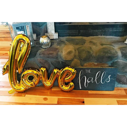 Balon din Folie Metalizata, Model Love scris de mana, 102x65 cm, Tematica Ziua Îndrăgostiților, Ambalaj Individual, Pai Inclus, Umflare cu Aer sau Heliu, Auriu
