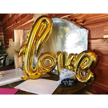 Balon din Folie Metalizata, Model Love scris de mana, 102x65 cm, Tematica Ziua Îndrăgostiților, Ambalaj Individual, Pai Inclus, Umflare cu Aer sau Heliu, Auriu