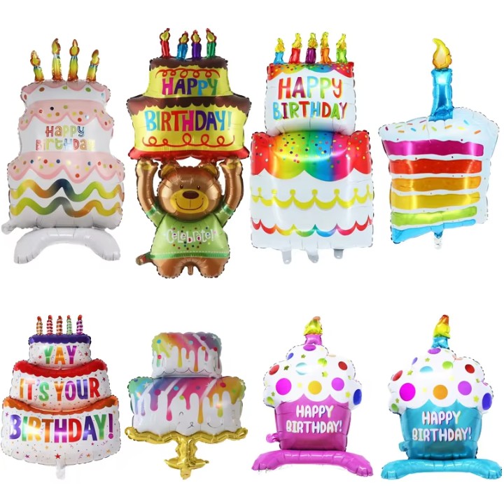 Balon din Folie Metalizata, Model Prajitura cu Lumanare, 84x53 cm, Baloane Party, Ambalaj Individual, Pai Inclus, Umflare cu Aer sau Heliu, Multicolor