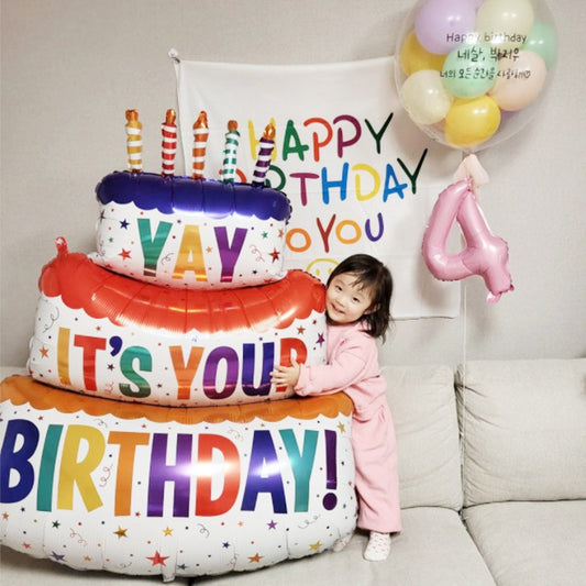 Balon din Folie Metalizata, Model Tort cu 3 Straturi, Balon Aniversar, Model Birthday Cake, 102x62 cm, Ambalaj Individual, Pai inclus, Umflare cu Aer sau Heliu, Multicolor