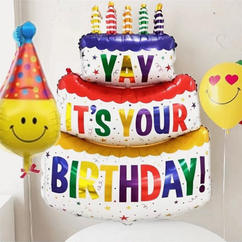 Balon din Folie Metalizata, Model Tort cu 3 Straturi, Balon Aniversar, Model Birthday Cake, 102x62 cm, Ambalaj Individual, Pai inclus, Umflare cu Aer sau Heliu, Multicolor