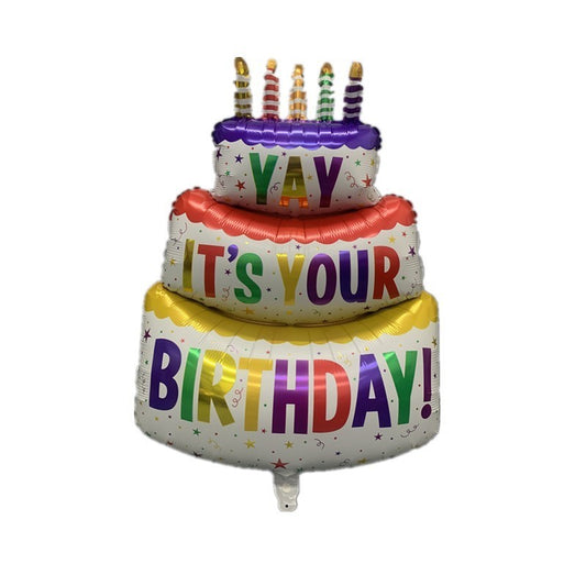 Balon din Folie Metalizata, Model Tort cu 3 Straturi, Balon Aniversar, Model Birthday Cake, 102x62 cm, Ambalaj Individual, Pai inclus, Umflare cu Aer sau Heliu, Multicolor