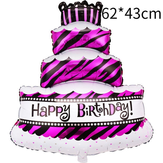 Balon din Folie Metalizata, Model Tort cu 4 Straturi, Balon Aniversar, Model Happy Birthday, 62x43 cm, Ambalaj Individual, Pai inclus, Umflare cu Aer sau Heliu, Mov