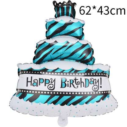 Balon din Folie Metalizata, Model Tort cu 4 Straturi, Balon Aniversar, Model Happy Birthday, 62x43 cm, Ambalaj Individual, Pai inclus,  Umflare cu Aer sau Heliu, Albastru