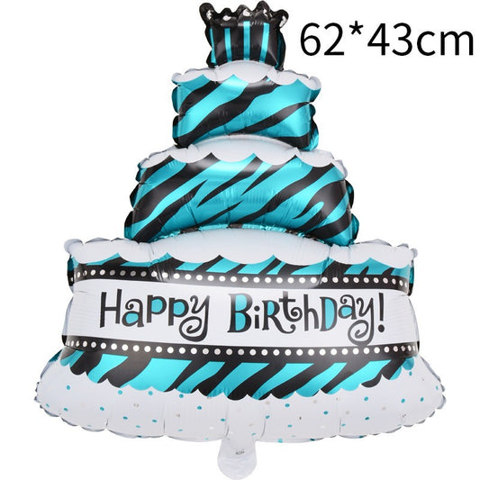 Balon din Folie Metalizata, Model Tort cu 4 Straturi, Balon Aniversar, Model Happy Birthday, 62x43 cm, Ambalaj Individual, Pai inclus,  Umflare cu Aer sau Heliu, Albastru