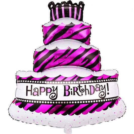 Balon din Folie Metalizata, Model Tort cu 4 Straturi, Balon Aniversar, Model Happy Birthday, 62x43 cm, Ambalaj Individual, Pai inclus, Umflare cu Aer sau Heliu, Mov