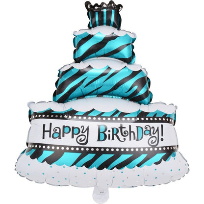 Balon din Folie Metalizata, Model Tort cu 4 Straturi, Balon Aniversar, Model Happy Birthday, 62x43 cm, Ambalaj Individual, Pai inclus,  Umflare cu Aer sau Heliu, Albastru
