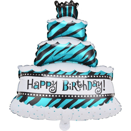 Balon din Folie Metalizata, Model Tort cu 4 Straturi, Balon Aniversar, Model Happy Birthday, 62x43 cm, Ambalaj Individual, Pai inclus,  Umflare cu Aer sau Heliu, Albastru