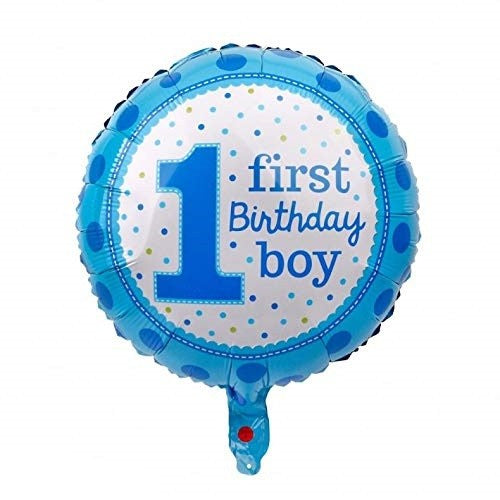 Balon din Folie Metalizata, Prima Aniversare, Model First Birthday Boy, 45 cm, Ambalaj Individual, Pai Inclus, Umflare cu Aer sau Heliu, Albastru