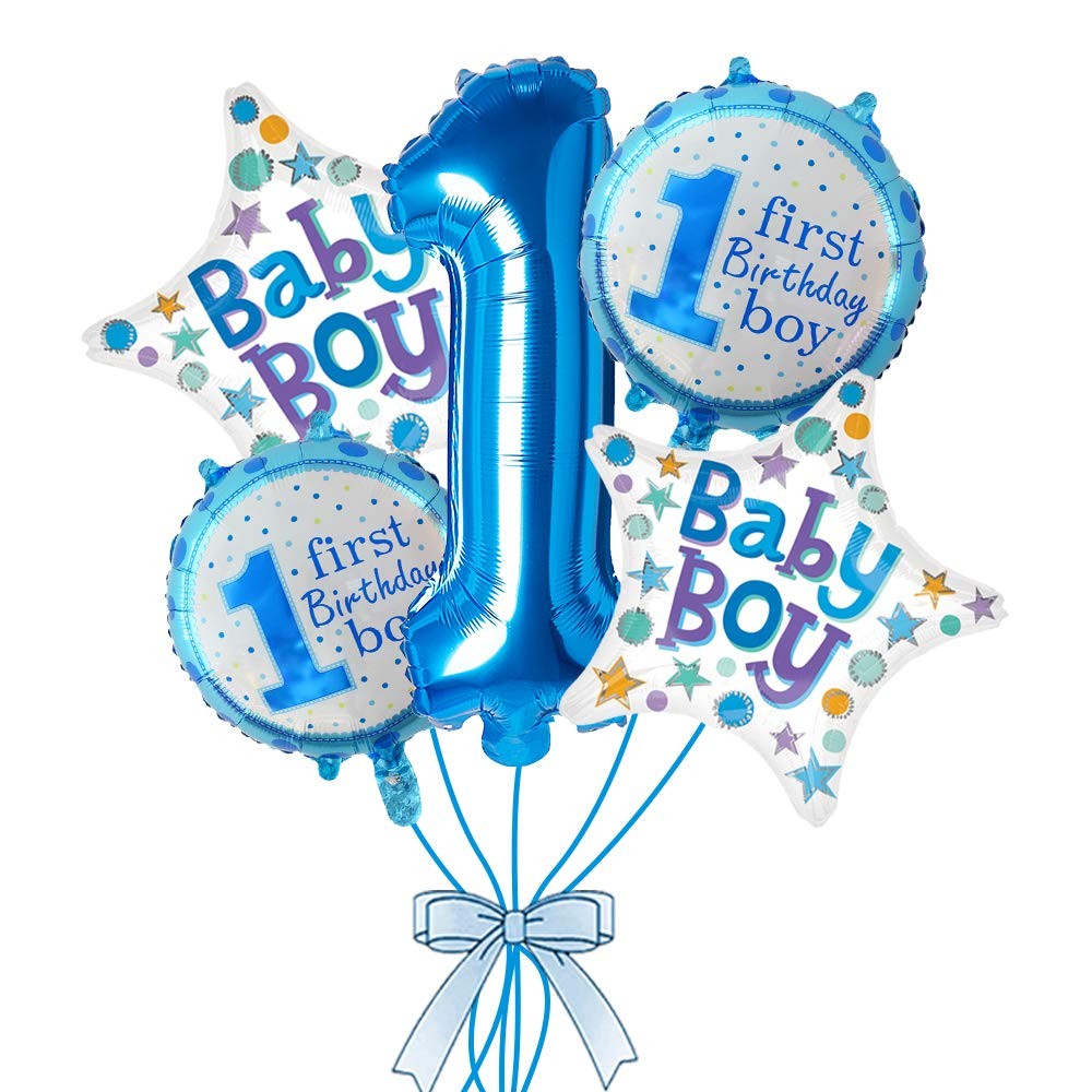 Balon din Folie Metalizata, Prima Aniversare, Model First Birthday Boy, 45 cm, Ambalaj Individual, Pai Inclus, Umflare cu Aer sau Heliu, Albastru