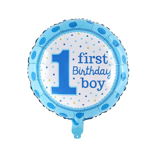 Balon din Folie Metalizata, Prima Aniversare, Model First Birthday Boy, 45 cm, Ambalaj Individual, Pai Inclus, Umflare cu Aer sau Heliu, Albastru