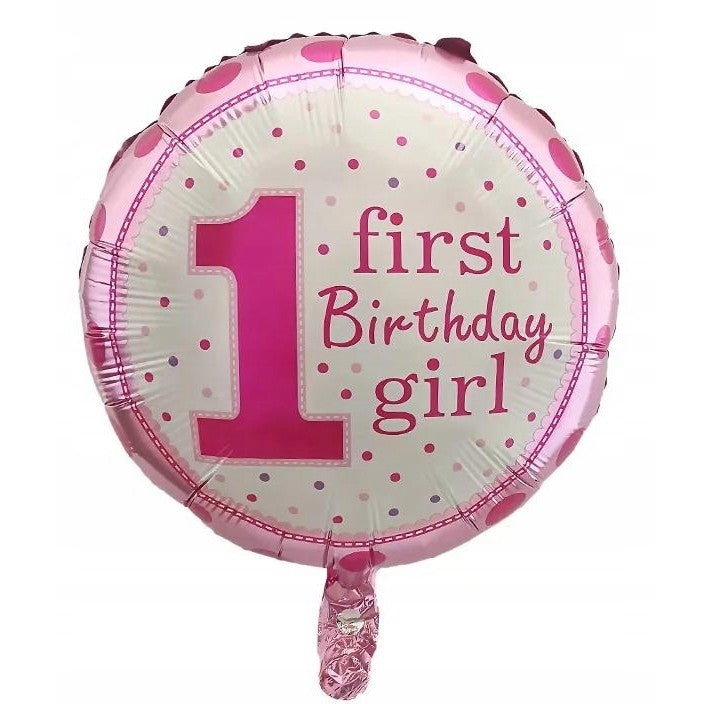 Balon din Folie Metalizata, Prima Aniversare, Model First Birthday Girl, 45 cm, Ambalaj Individual, Pai Inclus, Umflare cu Aer sau Heliu, Roz