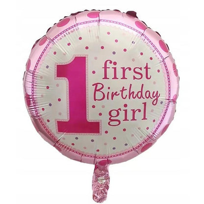 Balon din Folie Metalizata, Prima Aniversare, Model First Birthday Girl, 45 cm, Ambalaj Individual, Pai Inclus, Umflare cu Aer sau Heliu, Roz