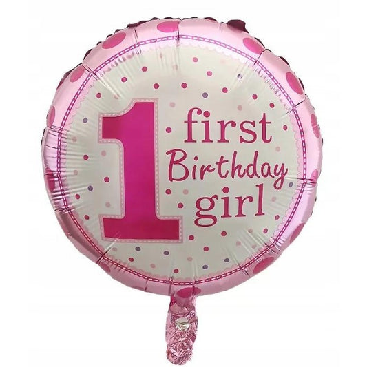 Balon din Folie Metalizata, Prima Aniversare, Model First Birthday Girl, 45 cm, Ambalaj Individual, Pai Inclus, Umflare cu Aer sau Heliu, Roz