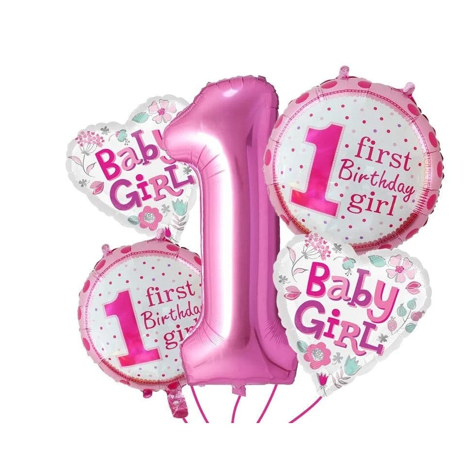Balon din Folie Metalizata, Prima Aniversare, Model First Birthday Girl, 45 cm, Ambalaj Individual, Pai Inclus, Umflare cu Aer sau Heliu, Roz
