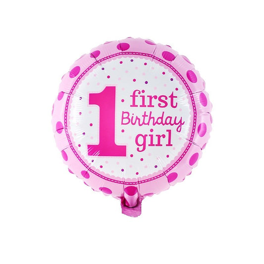 Balon din Folie Metalizata, Prima Aniversare, Model First Birthday Girl, 45 cm, Ambalaj Individual, Pai Inclus, Umflare cu Aer sau Heliu, Roz