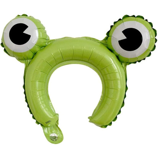Balon din Folie Metalizata, Tip Coronita cu Urechi, Model Broasca, Ambalaj Individual, Pai Inclus, Umflare cu Aer sau Heliu, 28 x 31 cm, Verde