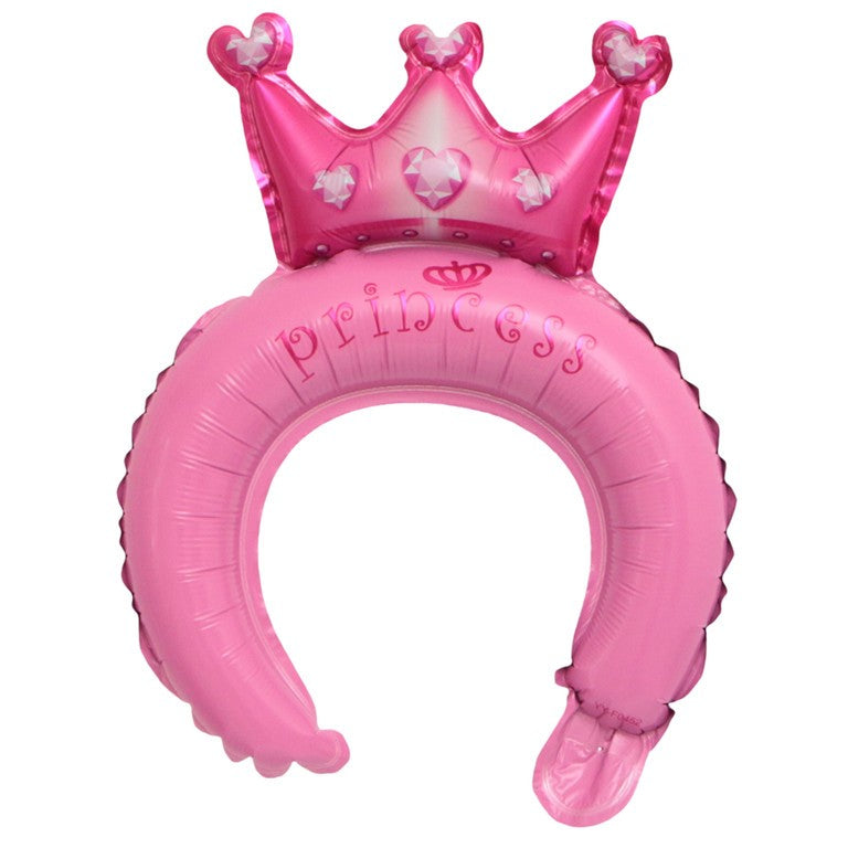 Balon din Folie Metalizata, Tip Coronita cu Urechi, Model Coronita de Printesa, Ambalaj Individual, Pai Inclus, Umflare cu Aer sau Heliu, 30 x 27 cm, Roz