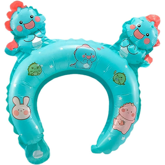 Balon din Folie Metalizata, Tip Coronita cu Urechi, Model Dinozauri, Ambalaj Individual, Pai Inclus, Umflare cu Aer sau Heliu, 29 x 26.5 cm, Albastru