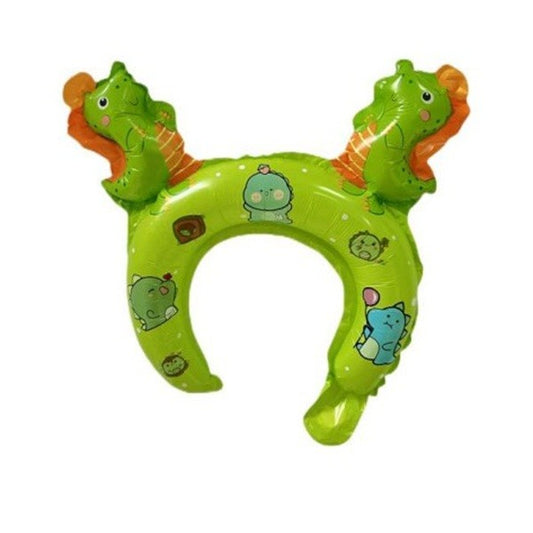 Balon din Folie Metalizata, Tip Coronita cu Urechi, Model Dinozauri, Ambalaj Individual, Pai Inclus, Umflare cu Aer sau Heliu, 29 x 26.5 cm, Verde