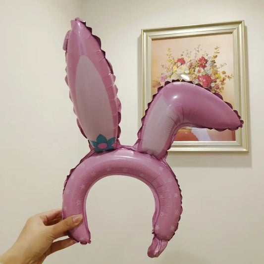 Balon din Folie Metalizata, Tip Coronita cu Urechi, Model Iepure, Ambalaj Individual, Pai Inclus, Umflare cu Aer sau Heliu, 38 x 45 cm, Roz