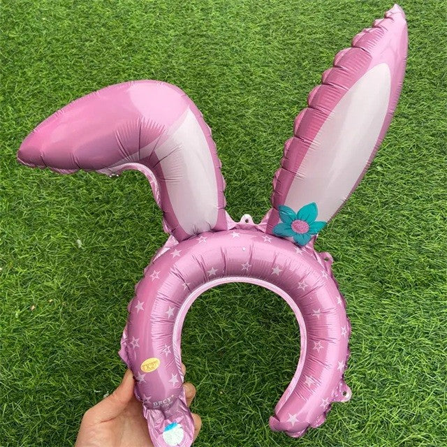 Balon din Folie Metalizata, Tip Coronita cu Urechi, Model Iepure, Ambalaj Individual, Pai Inclus, Umflare cu Aer sau Heliu, 38 x 45 cm, Roz