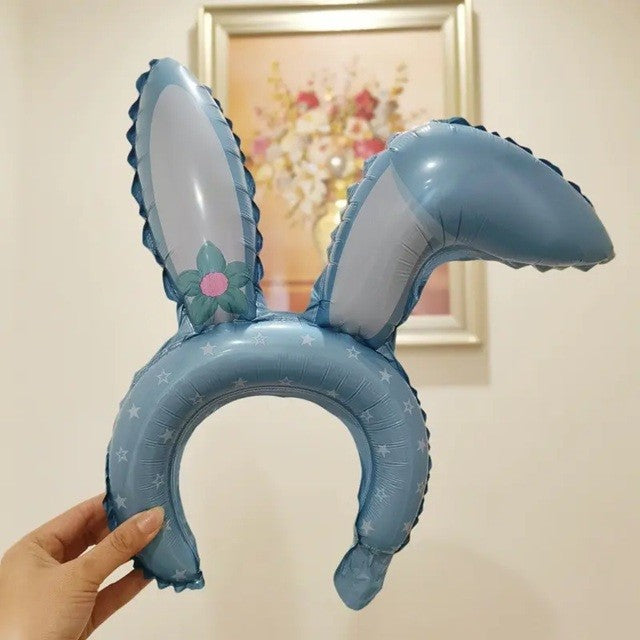 Balon din Folie Metalizata, Tip Coronita cu Urechi, Model Iepure, Ambalaj Individual, Pai Inclus, Umflare cu Aer sau Heliu, 38 x 45 cm, Albastru