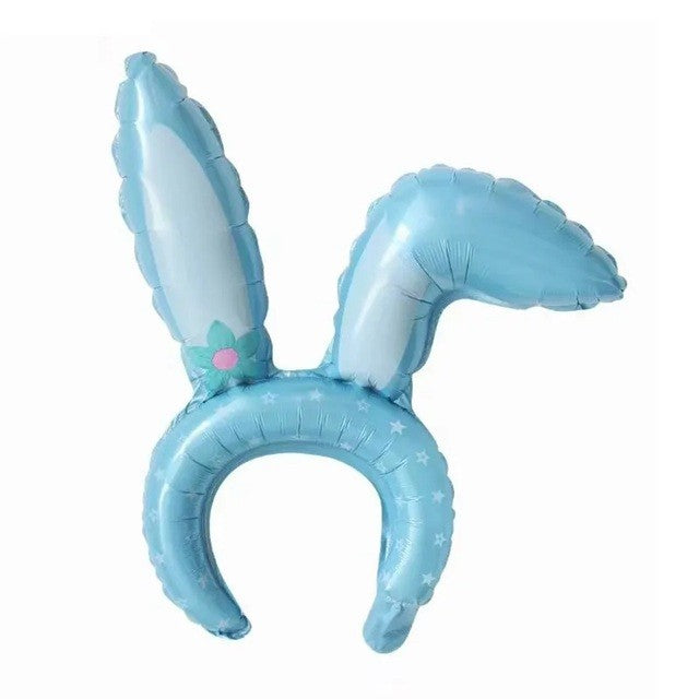 Balon din Folie Metalizata, Tip Coronita cu Urechi, Model Iepure, Ambalaj Individual, Pai Inclus, Umflare cu Aer sau Heliu, 38 x 45 cm, Albastru