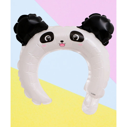 Balon din Folie Metalizata, Tip Coronita cu Urechi, Model Panda, Ambalaj Individual, Pai Inclus, Umflare cu Aer sau Heliu, 27 x 28 cm, Alb/Negru
