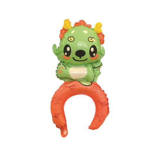 Balon din Folie Metalizata, Tip Coronita, Model Dragon, Ambalaj Individual, Pai Inclus, Umflare cu Aer sau Heliu, 49 x 27.5 cm, Verde