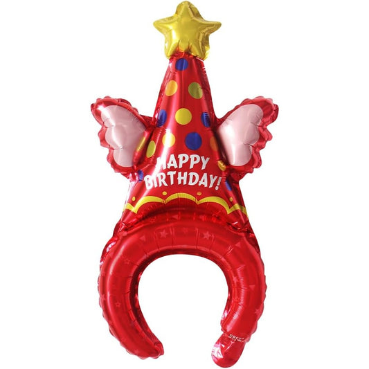 Balon din Folie Metalizata, Tip Coronita, Model Palarie de Petrecere, Ambalaj Individual, Pai Inclus, Umflare cu Aer sau Heliu, 31 x 50 cm, Rosu