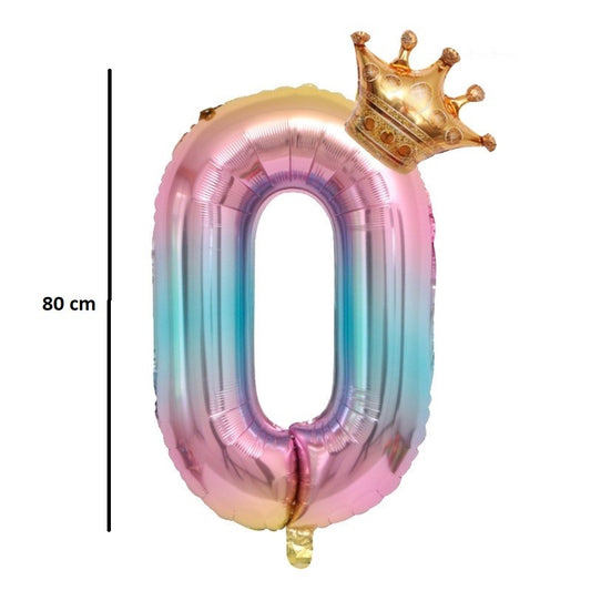 Balon din Folie Metalizata, Figurina Cifra Gradient, Tema Aniversare 80 cm, Ambalaj Individual, Pai inclus, Umflare cu Aer sau Heliu, Coronita, Cifra 0