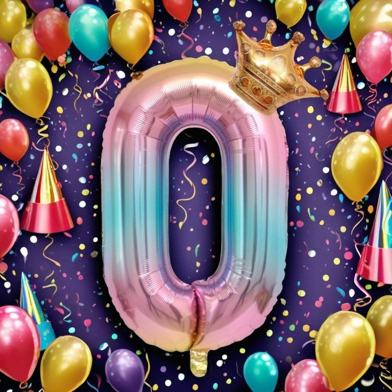 Balon din Folie Metalizata, Figurina Cifra Gradient, Tema Aniversare 80 cm, Ambalaj Individual, Pai inclus, Umflare cu Aer sau Heliu, Coronita, Cifra 0