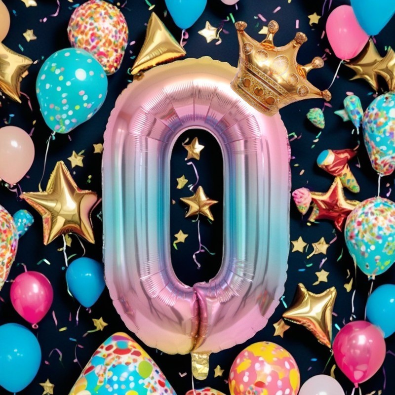 Balon din Folie Metalizata, Figurina Cifra Gradient, Tema Aniversare 80 cm, Ambalaj Individual, Pai inclus, Umflare cu Aer sau Heliu, Coronita, Cifra 0