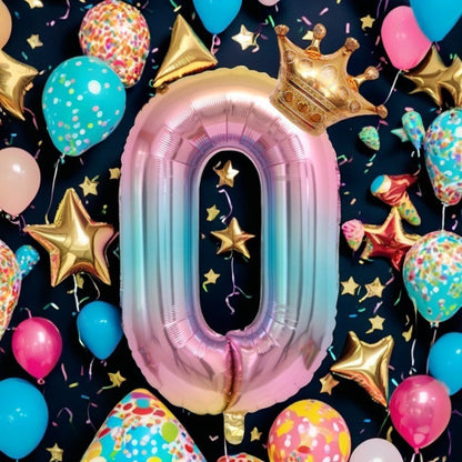 Balon din Folie Metalizata, Figurina Cifra Gradient, Tema Aniversare 80 cm, Ambalaj Individual, Pai inclus, Umflare cu Aer sau Heliu, Coronita, Cifra 0