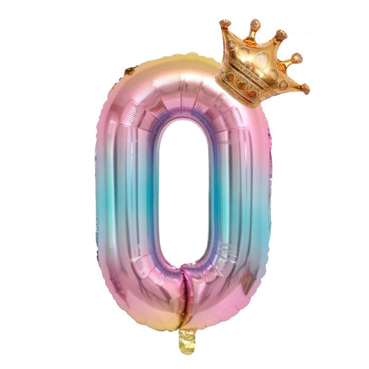 Balon din Folie Metalizata, Figurina Cifra Gradient, Tema Aniversare 80 cm, Ambalaj Individual, Pai inclus, Umflare cu Aer sau Heliu, Coronita, Cifra 0