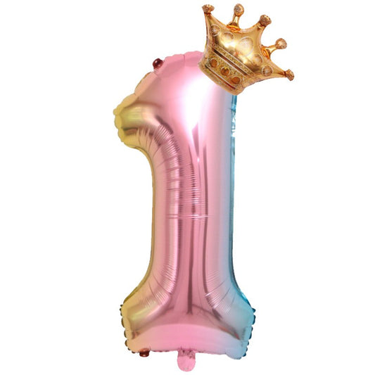 Balon din Folie Metalizata, Figurina Cifra Gradient, Tema Aniversare 80 cm, Ambalaj Individual, Pai inclus, Umflare cu Aer sau Heliu, Coronita, Cifra 1