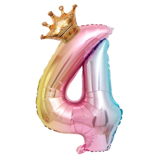 Balon din Folie Metalizata, Figurina Cifra Gradient, Tema Aniversare 80 cm, Ambalaj Individual, Pai inclus, Umflare cu Aer sau Heliu, Coronita, Cifra 4