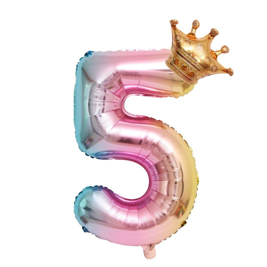 Balon din Folie Metalizata, Figurina Cifra Gradient, Tema Aniversare 80 cm, Ambalaj Individual, Pai inclus, Umflare cu Aer sau Heliu, Coronita, Cifra 5