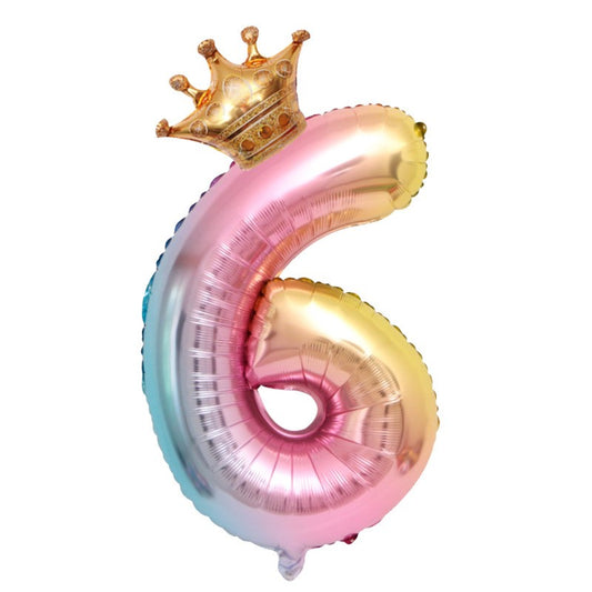 Balon din Folie Metalizata, Figurina Cifra Gradient, Tema Aniversare 80 cm, Ambalaj Individual, Pai inclus, Umflare cu Aer sau Heliu, Coronita, Cifra 6