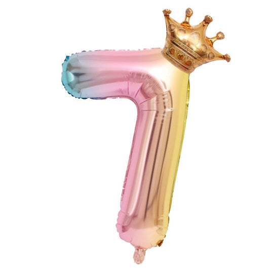 Balon din Folie Metalizata, Figurina Cifra Gradient, Tema Aniversare 80 cm, Ambalaj Individual, Pai inclus, Umflare cu Aer sau Heliu, Coronita, Cifra 7
