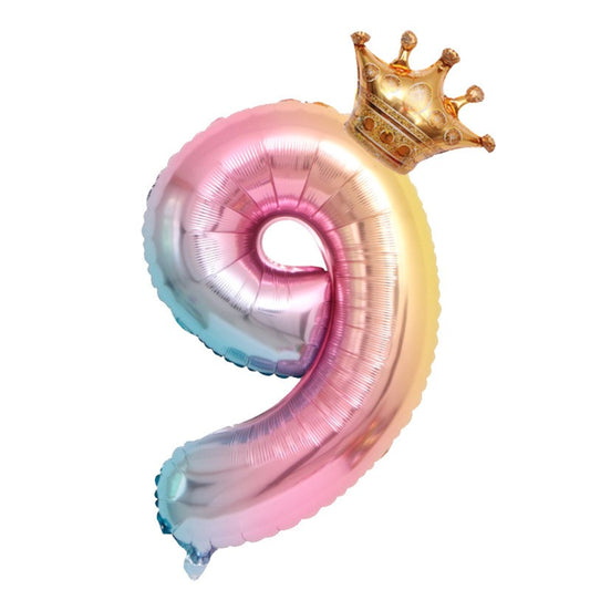 Balon din Folie Metalizata, Figurina Cifra Gradient, Tema Aniversare 80 cm, Ambalaj Individual, Pai inclus, Umflare cu Aer sau Heliu, Coronita, Cifra 9