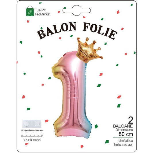 Balon din Folie Metalizata, Figurina Cifra Gradient, Tema Aniversare 80 cm, Ambalaj Individual, Pai inclus, Umflare cu Aer sau Heliu, Coronita, Cifra 1