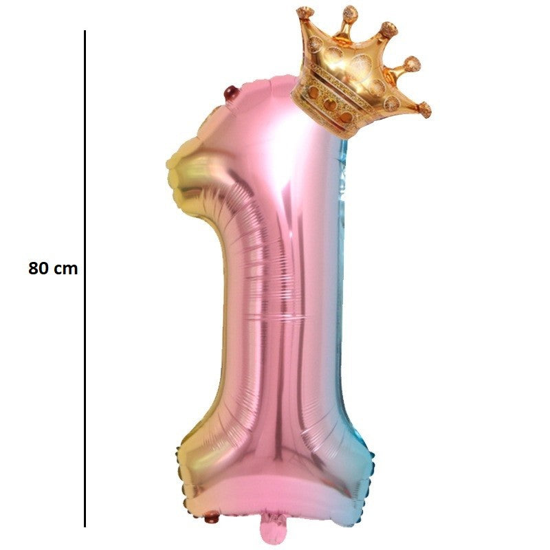 Balon din Folie Metalizata, Figurina Cifra Gradient, Tema Aniversare 80 cm, Ambalaj Individual, Pai inclus, Umflare cu Aer sau Heliu, Coronita, Cifra 1