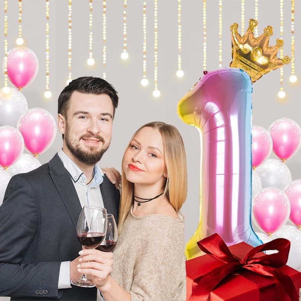 Balon din Folie Metalizata, Figurina Cifra Gradient, Tema Aniversare 80 cm, Ambalaj Individual, Pai inclus, Umflare cu Aer sau Heliu, Coronita, Cifra 1