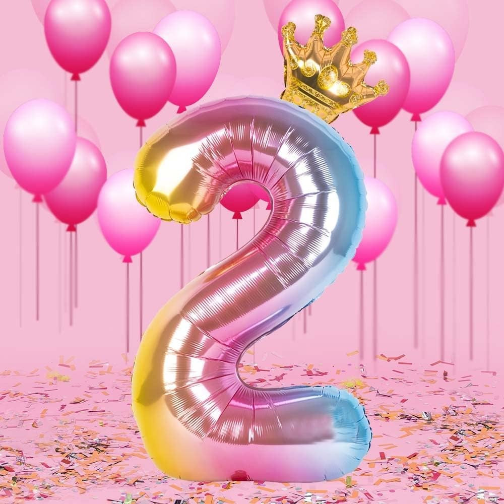 Balon din Folie Metalizata, Figurina Cifra Gradient, Tema Aniversare 80 cm, Ambalaj Individual, Pai inclus, Umflare cu Aer sau Heliu, Coronita, Cifra 2