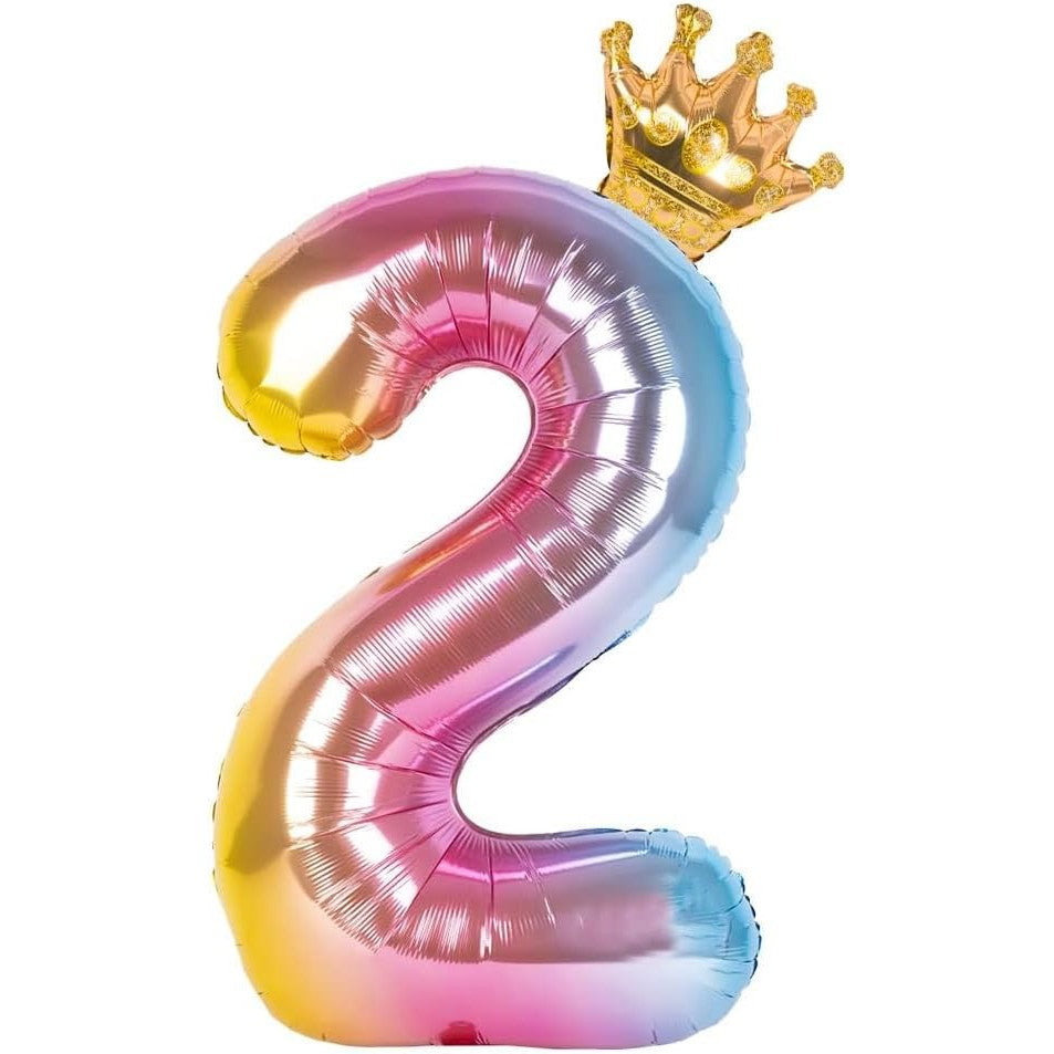 Balon din Folie Metalizata, Figurina Cifra Gradient, Tema Aniversare 80 cm, Ambalaj Individual, Pai inclus, Umflare cu Aer sau Heliu, Coronita, Cifra 2