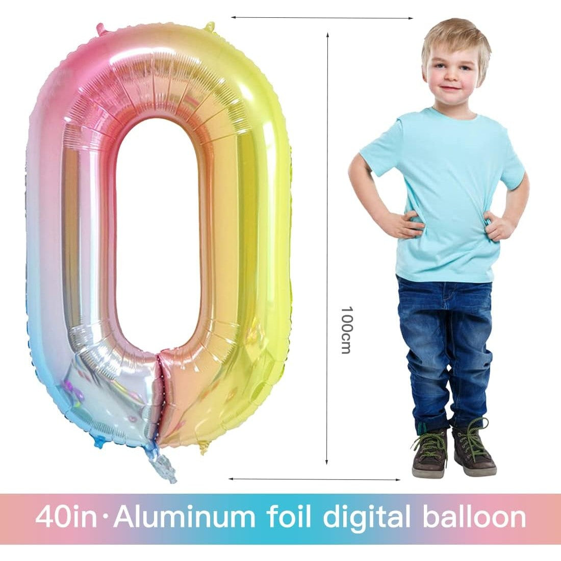 Balon din Folie Metalizata Gradient, Figurina Cifra, Tema Aniversare 100 cm, Ambalaj Individual, Pai inclus, Umflare cu Aer sau Heliu, Multicolor, Cifra 0