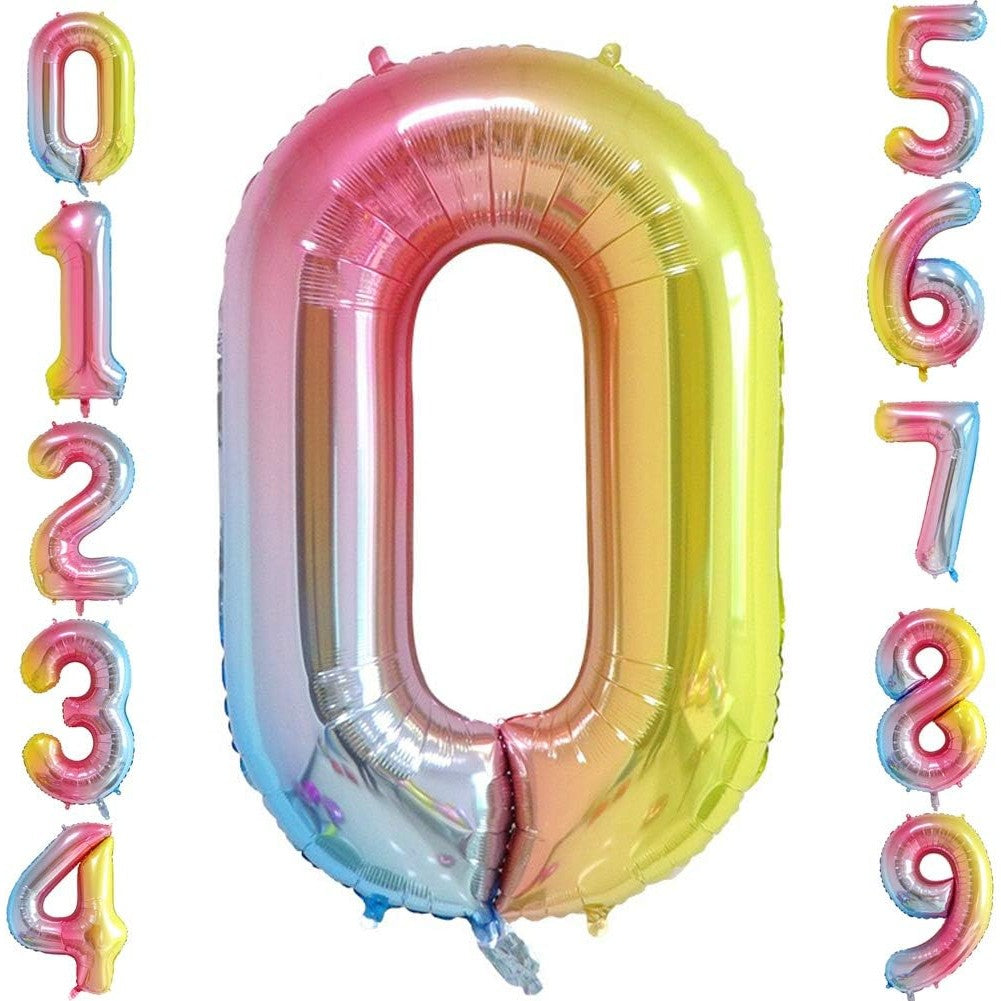 Balon din Folie Metalizata Gradient, Figurina Cifra, Tema Aniversare 100 cm, Ambalaj Individual, Pai inclus, Umflare cu Aer sau Heliu, Multicolor, Cifra 0